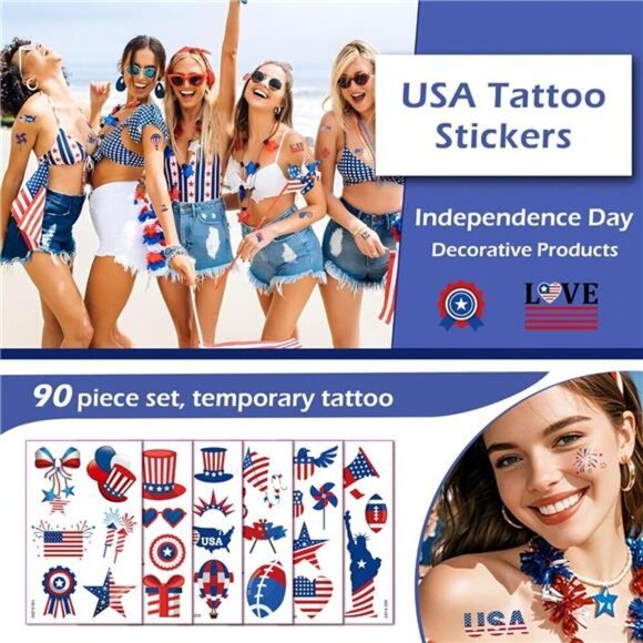 90pcs 4th of July Temporary Tattoos - USA American Flag Patriotic Red White Blue - Picture 2 of 7